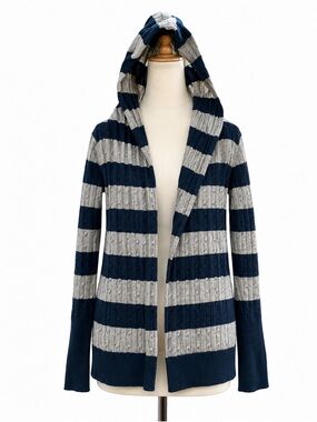 Y2K Cardigan Hooded Cotton Sweater Ribbed Striped Open Front Vintage Medium